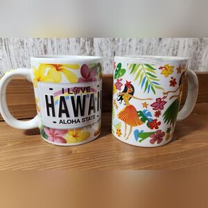 Hawaii Aloha State & Floral Hulu Girl Coffee Mug Set